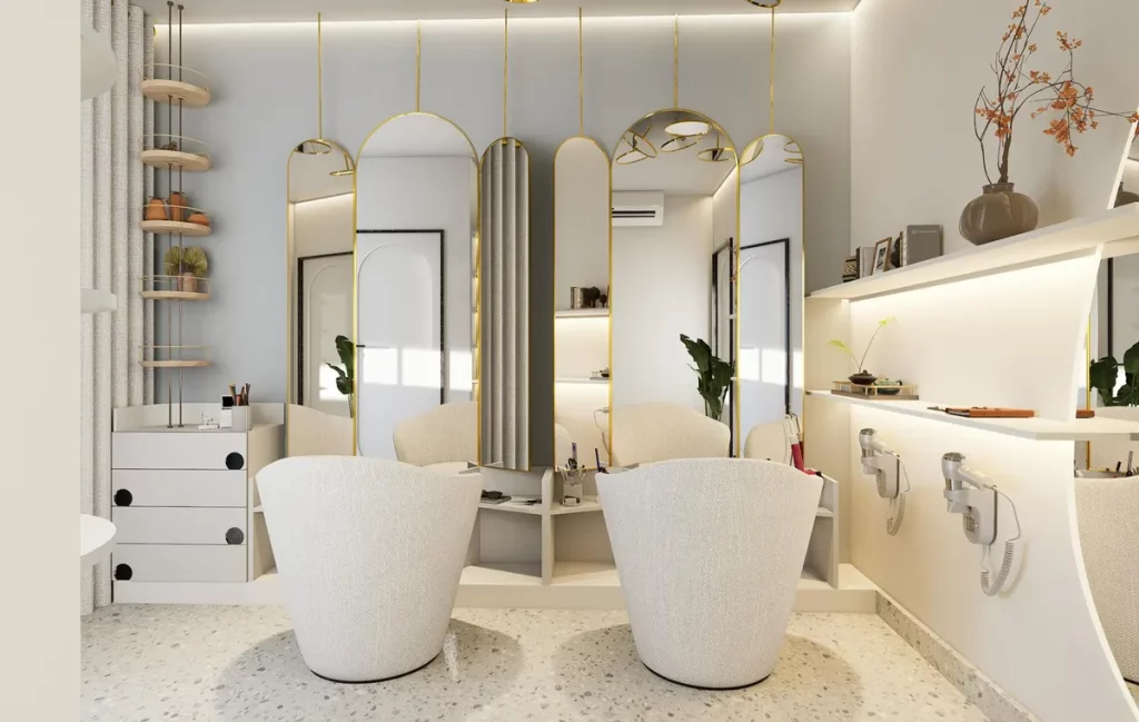 Луксозен интериор на салон за красота Естетика София с меко осветление и елегантна обстановка